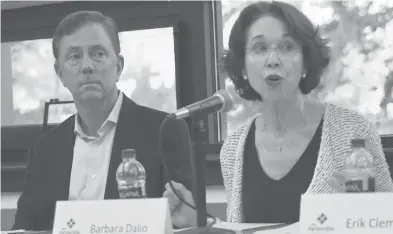  ?? AMANDA BLANCO/HARTFORD COURANT ?? Gov. Ned Lamont and Barbara Dalio attend the Partnershi­p for Connecticu­t’s first board of directors meeting on Oct 18.