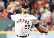  ?? ASSOCIATED PRESS ?? IN THIS OCT. 17 FILE PHOTO, Houston Astros starting pitcher Charlie Morton throws against the Boston Red Sox during the first inning in Game 4 of the American League Championsh­ip Series in Houston.