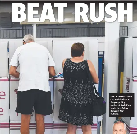  ?? EARLY BIRDS: Voters cast their ballots at the pre- polling station at Hyde Park yesterday. Below, Kirwan’s Alan Rutland. ??