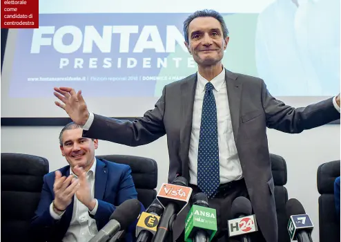  ??  ?? In corsa Attilio Fontana, classe 1952, ex sindaco di Varese, al lancio ufficiale della campagna elettorale come candidato di centrodest­ra