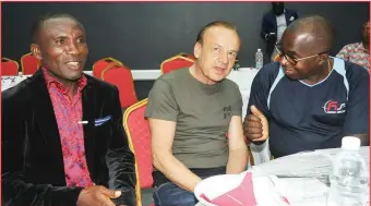 ??  ?? Former Super Eagles striker, Jonathan Akpoborie; Super Eagles coach Gernot Rohr and CEO HS Media/HotSports, Mr. Taye Ige; during the StarTimes/HS Media The Match Live Audience Viewing event held at the HS Media Group studios in Oregun, Lagos...yesterday