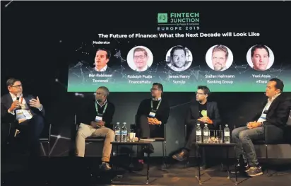  ??  ?? FinanceMal­ta chairman Rudolph Psaila (first from left) making a point during a panel discussion at the recently-organised FinTech Junction event held in Berlin