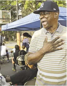  ??  ?? James Ryans (clockwise from l.), organizer Kenny Graham, Keith ‘Worthy’ Nash and t-shirts sold near his tent, Black Jack Ryan’s West 4th tattoo, Sean Bell All-Stars coach Rah Wiggins and fans that line fence at Village spot are among sights and...