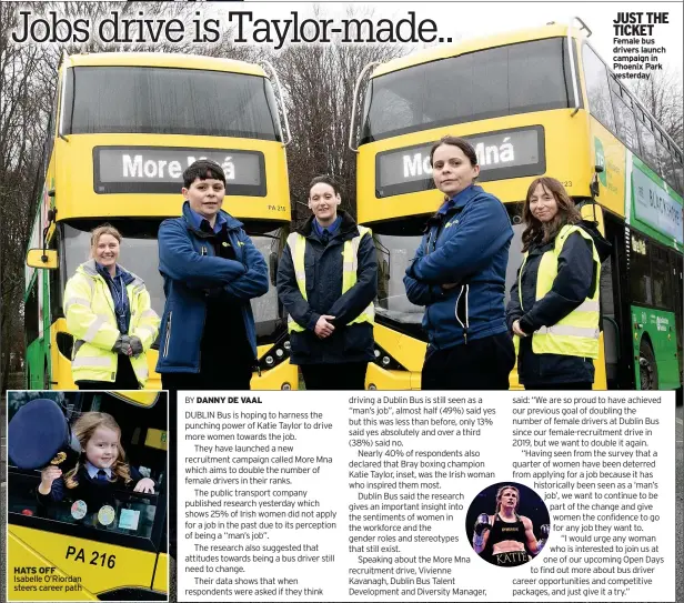  ?? ?? HATS OFF Isabelle O’riordan steers career path
JUST THE TICKET Female bus drivers launch campaign in Phoenix Park yesterday