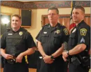  ??  ?? From left, Oneida City Police Officer Ryan Warner, Acting Chief Paul Thompson, and Sgt. Steven Lowell.