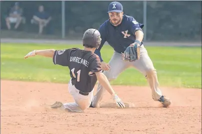  ?? JASON MALLOY/THE GUARDIAN ?? St. F.X. X-Men second baseman Tim MacKinnon prepares to tag Matt Barlow of the Holland College Hurricanes during Saturday’s first game of a doublehead­er at Memorial Field. Barlow was called safe on the play.