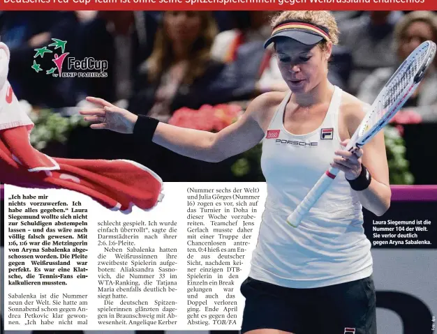  ??  ?? Laura Siegemund ist die Nummer 104 der Welt. Sie verlor deutlich gegen Aryna Sabalenka.