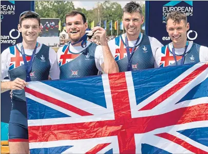 ?? ?? Great Britain’s William Stewart, Samuel Nunn, Matthew Aldrige and Freddie Davidson with their rowing golds
