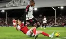  ?? Photograph: Ryan Pierse/Getty Images ?? Issa Diop (right) is challenged by Rotherham’s Jamie Lindsay.