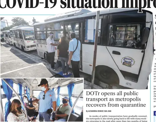  ??  ?? MODERN TRANSPORT — Newly designed jeepneys queue up for passengers along A. Roces Avenue corner Panay Avenue in Quezon City on the first day of operation yesterday amid the prevailing General Community Quarantine in the National Capital Region. Inset: Drivers and passengers follow health protocols, including wearing face masks and observing physical distancing, in a unit plying the Pandacan-to-Leon Guinto route in Manila. (Alvin Kasiban and Jansen Romero)