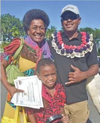  ?? Photo: Waisea Nasokia ?? Private Romanu Lawakeli with mother Elena Lawakeli and nephew Gabrieli Lawakeli at the Nadi Internatio­nal Airport on July 22, 2019.