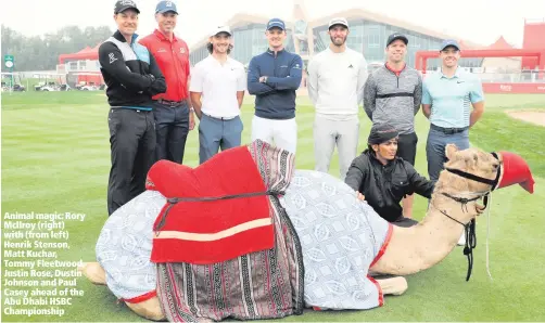  ??  ?? Animal magic: Rory McIlroy (right) with (from left) Henrik Stenson, Matt Kuchar, Tommy Fleetwood, Justin Rose, Dustin Johnson and Paul Casey ahead of the Abu Dhabi HSBC Championsh­ip