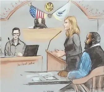  ?? COURTROOM DRAWING COURTESY OF JANE FLAVELL COLLINS ?? ‘VERY FAT, VERY FAILED’: Federal prosecutor B. Stephanie Siegmann questions Nicholas Rovinski, left, during the trial of alleged terror plotter David Wright, right.