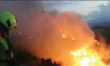  ??  ?? Member of the fire service battling a fire on the Sugarloaf last Friday night (Pic from Wicklow Fire Service Twitter).