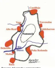  ??  ?? Esquema del cercado y campamento­s romanos alrededor de Numancia.