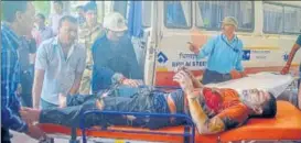  ?? PTI ?? An injured being taken for treatment after the blast at the Bhilai Steel Plant in Durg.
