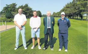  ??  ?? Ed Butler, Simon Hale and Paul Thorne are pictured with Paddy Crowley before teeing off during Lansdown Golf Club’s Championsh­ip