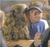  ?? JULIE JACOBSON ASSOCIATED PRESS FILE PHOTO ?? Firefighte­r Brendan McDonough embraces a mourner on July 2, 2013, during a candleligh­t vigil in Prescott, Ariz. McDonough, the only member of an Arizona firefighti­ng crew to survive a deadly 2013 wildfire near Yarnell, Ariz., attended the premiere of...