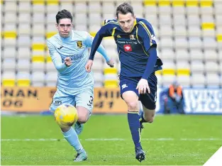  ??  ?? Alloa’s Scott Taggart gets away from Livi’s Jackson Longridge.