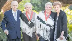  ?? Photo / Greg Bowker ?? Jools (left) and Lynda Topp after their investitur­e at Auckland’s Government House, with parents Peter and Joan.