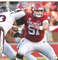  ?? (AP/Michael Woods) ?? Arkansas junior center Ricky Stromberg, a 6-4, 310-pounder, said although he thinks he had “an overall good season,” he has improvemen­t plans, specifical­ly to get stronger. Stromberg announced Friday he will return to Arkansas for his senior year.