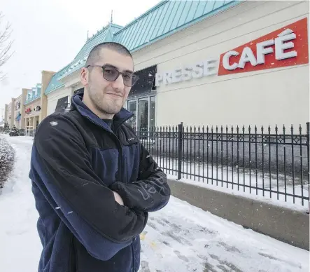  ?? RYAN REMIORZ/THE CANADIAN PRESS ?? Sami Bizri, co-owner of a Presse Cafe franchise at the Faubourg Boisbriand shopping centre, says the Boisbriand community seems to have weathered the storm when a GM plant closed in the Quebec town in 2002. He works at the site of the former GM factory.