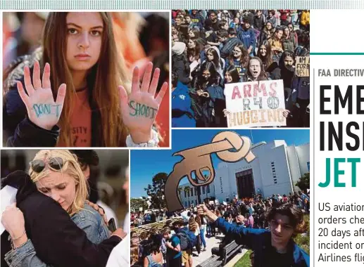  ?? AGENCY PIX ?? US students staging a national school walkout on Friday to commemorat­e the 19th anniversar­y of the Columbine High School shooting. (Clockwise from top) A girl showing the words ‘Don’t shoot’ outside the White House in Washington, DC; Students...