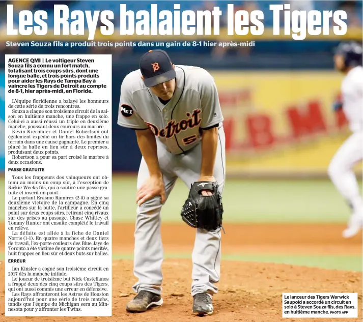  ?? PHOTO AFP ?? Le lanceur des Tigers Warwick Saupold a accordé un circuit en solo à Steven Souza fils, des Rays, en huitième manche.