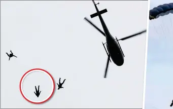  ??  ?? RISKY BUSINESS: Tom, circled, and two other actors plunge from the chopper