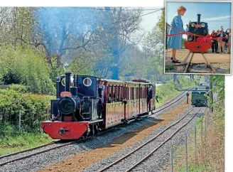  ?? ?? Right: Andrew Barclay 0-6-0T Doll hauls a passenger service up LBR’s new Munday’s Hill extension later in the day on April 30, the opening headboard having been replaced by one denoting that a party aboard the train was celebratin­g a child’s 4th birthday. A demonstrat­ion skip train is being worked top-and-tail by two Motor Rail Simplex locomotive­s on the long siding parallel to the extension. BOTH IMAGES: STEVE SEDGWICK
Inset: Kathryn Embley cuts the ribbon in front of Andrew Barclay 0-6-0T Doll to officially open LBR’s Munday’s Hill extension.