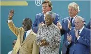  ?? Picture: Raymond Preston ?? Fancourt owner Hasso Plattner, back right, with then president Thabo Mbeki, former presidents Nelson Mandela and FW de Klerk, and businessma­n Johann Rupert at the Presidents Cup in 2003.
