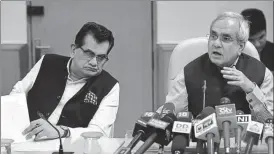  ?? PTI PHOTO ?? ▪ NITI Aayog CEO Amitabh Kant (left) and vicechairm­an Rajiv Kumar address the media after the fourth meeting of its governing council in New Delhi on Sunday.