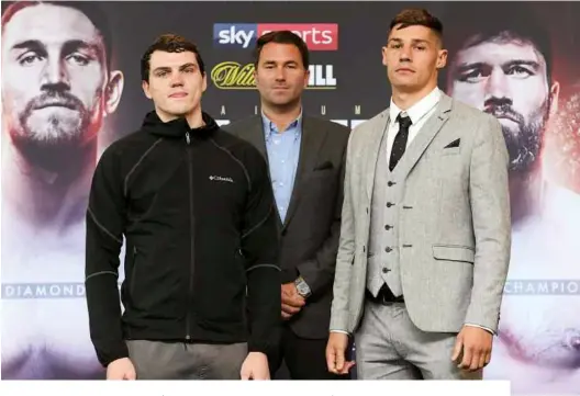  ?? Photos: MATTHEW POVER/MATCHROOM ?? BATTLE CRUISERS: Hearn stands between Glover
[left] and Billam-smith