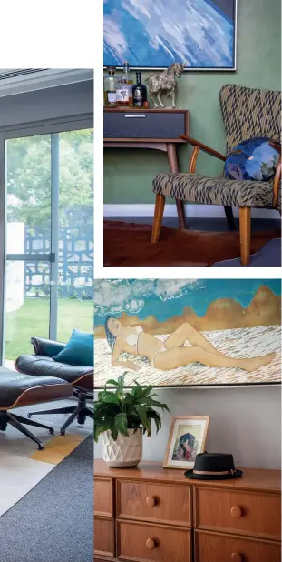  ??  ?? LEFT TO RIGHT
The vibrant colours on the rug and accent pieces bring a cheerful energy to the master bedroom; a retroprint armchair in the study references the Danish influence in the mid-century movement; this tranquil artwork adds to the cosy atmosphere in the master bedroom