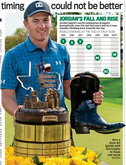  ?? ?? He’s a shoe-in! Spieth with the trophy in Texas last week