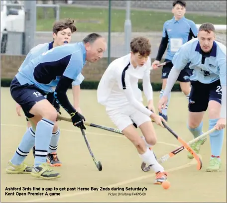  ?? Picture: Chris Davey FM4995420 ?? Ashford 3rds find a gap to get past Herne Bay 2nds during Saturday’s Kent Open Premier A game