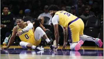  ?? JAE C. HONG — THE ASSOCIATED PRESS ?? The Lakers, including Russell Westbrook, left, and Anthony Davis, have scrambled to find stability in the preseason.