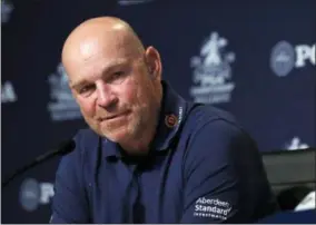  ?? JEFF ROBERSON — THE ASSOCIATED PRESS FILE ?? In this Tuesday file photo, Thomas Bjorn, of Denmark, captain of the 2018 European Ryder Cup team, speaks during a news conference at the PGA Championsh­ip golf tournament, at Bellerive Country Club in St. Louis.