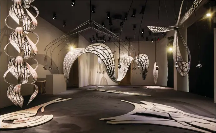  ?? PICTURES: HERMÈS ?? The scenograph­y was created by artist Clément Vieille that features suspended sculptures that organize the space and endow it with rhythm