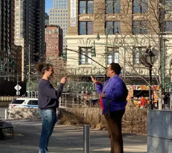  ?? Hunter Prosper ?? TikTok content creator Hunter Prosper, left, films an interview subject participat­ing in his “Stories from a Stranger” series.