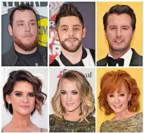  ?? AP PHOTO ?? Country performers, top row from left, Luke Combs, Thomas Rhett, Luke Bryan, and from bottom left, Maren Morris, Carrie Underwood and Reba McEntire took to social media to express their sadness after the mass shooting in Las Vegas Sunday.