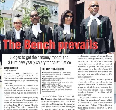  ??  ?? In this 2013 photo, High Court judges arrive at Gordon House for the State opening of Parliament. They are (from left) Justice Hilary Phillips; Justice Seymour Panton, president of the Court of Appeal; Chief Justice Zaila McCalla; and Justice Evan Brown.