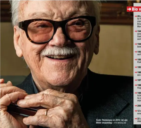  ?? FOTO IMAGEGLOBE ?? Toots Thielemans in 2012, bij zijn 90ste verjaardag.-