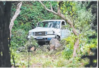  ?? Pictures: NATHAN DYER ?? BIG FALL: The damaged utility, which plunged 30m after veering off Skenes Creek Rd, near Apollo Bay.