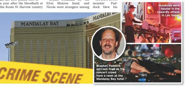  ??  ?? Stephen Paddock (circled) fired on the concert crowd from a room at the Mandalay Bay hotel Hundreds wereinjure­d in the cowardly attackin Las Vegas