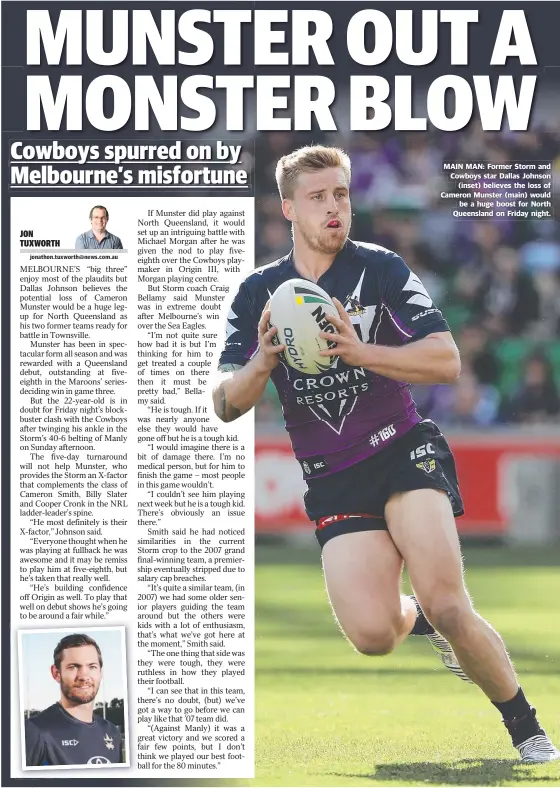  ??  ?? MAIN MAN: Former Storm and Cowboys star Dallas Johnson ( inset) believes the loss of Cameron Munster ( main) would be a huge boost for North Queensland on Friday night.