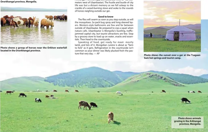  ??  ?? Photo shows a group of horses near the Orkhon waterfall located in the Ovorkhanga­i province. Photo shows the sunset over a ger at the Tsagaan Sum hot springs and tourist camp. Photo shows animals grazing in the Arkhangai province, Mongolia.