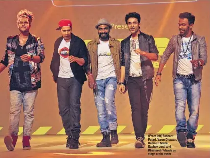  ??  ?? (From left) Sushant Pujari, Varun Dhawan, Remo D’ Souza, Raghav Juyal and Dharmesh Yelande on stage at the event