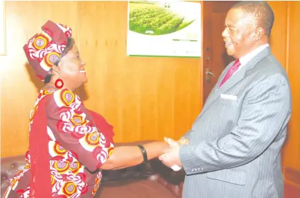  ??  ?? Acting President Constantin­o Chiwenga welcomes the Namibian Ambassador to Zimbabwe, Ms Balbina Pienaar, at his Munhumutap­a offices in Harare yesterday. — Picture by Tawanda Mudimu (Read story on Page 2)