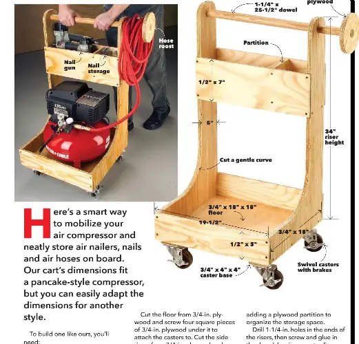  ??  ?? Nail gun Nail storage Hose roost 1/2" x 7" 5"19-1/2" 3/4" x 4" x 4" caster base 1-1/4" x 25-1/2" dowel Partition Cut a gentle curve 3/4" x 18" x 18" floor 1/2" x 5" 3/4" x 6"-dia. plywood 3/4" x 18" 34" riser height Swivel casters with brakes